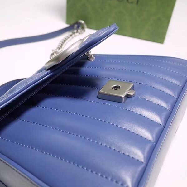 Gucci Unisex GG Marmont Mini Top Handle Bag Blue Matelassé Leather Double G (10)