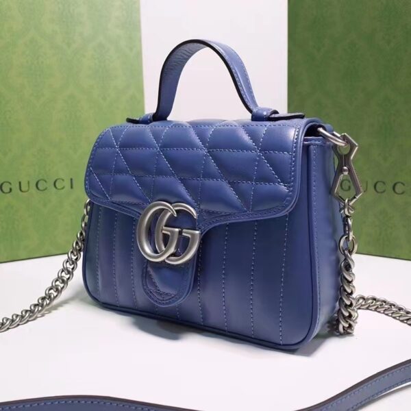 Gucci Unisex GG Marmont Mini Top Handle Bag Blue Matelassé Leather Double G (5)