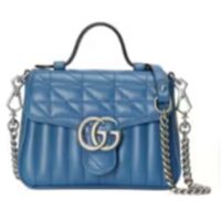 Gucci Unisex GG Marmont Mini Top Handle Bag Blue Matelassé Leather Double G (6)