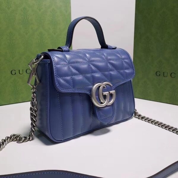 Gucci Unisex GG Marmont Mini Top Handle Bag Blue Matelassé Leather Double G (8)