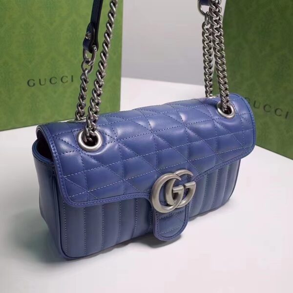 Gucci Unisex GG Marmont Small Shoulder Bag Blue Matelassé Leather Double G (4)