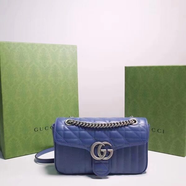 Gucci Unisex GG Marmont Small Shoulder Bag Blue Matelassé Leather Double G (5)