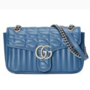Gucci Unisex GG Marmont Small Shoulder Bag Blue Matelassé Leather Double G