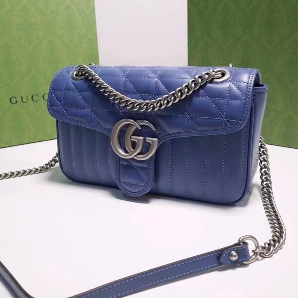 Gucci Unisex GG Marmont Small Shoulder Bag Blue Matelassé Leather Double G (7)