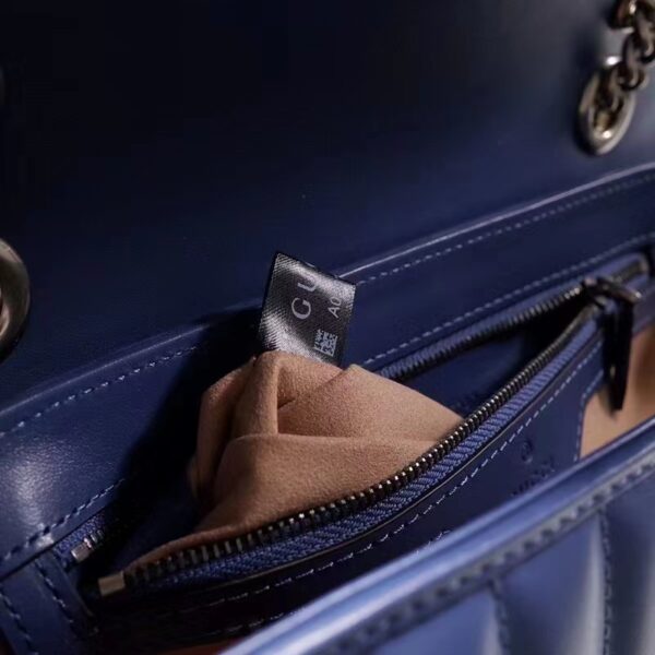 Gucci Unisex GG Marmont Small Shoulder Bag Blue Matelassé Leather Double G (8)