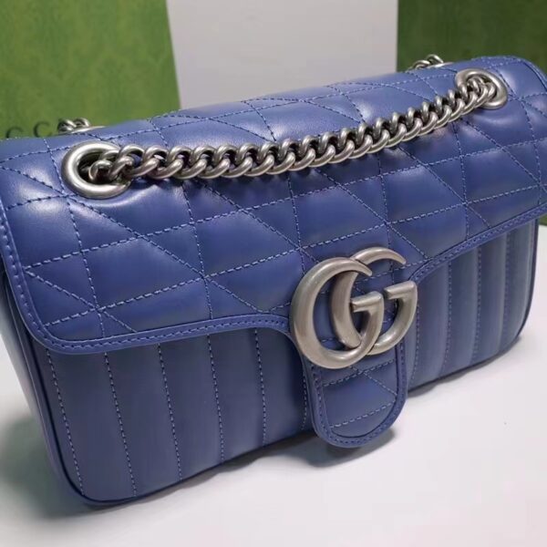 Gucci Unisex GG Marmont Small Shoulder Bag Blue Matelassé Leather Double G (9)