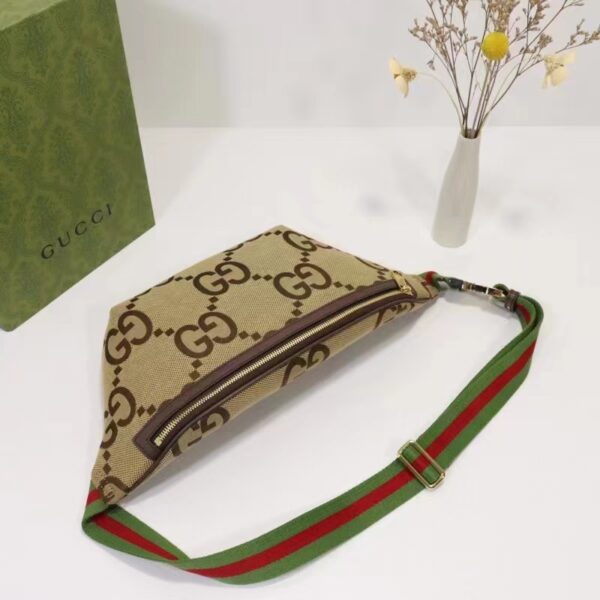 Gucci Unisex Jumbo GG Belt Bag Camel Ebony Canvas Green Red Web (6)