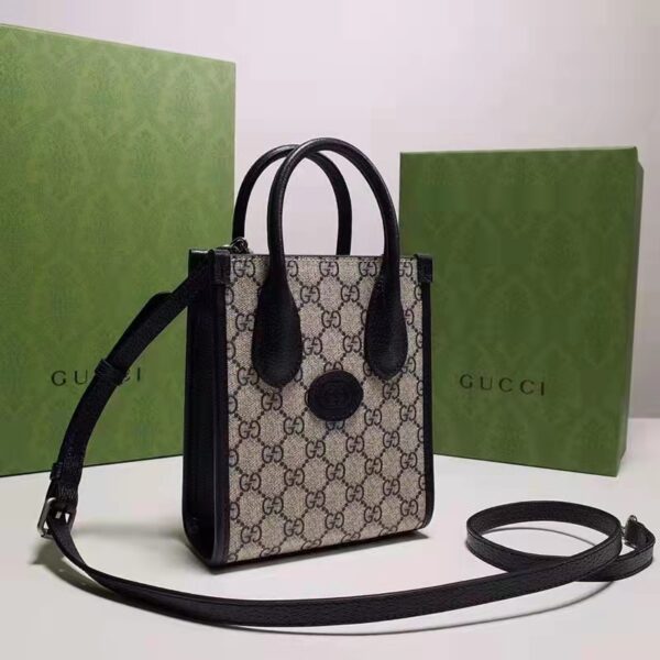Gucci Unisex Mini Tote Bag Interlocking G Beige Blue GG Supreme Canvas (4)