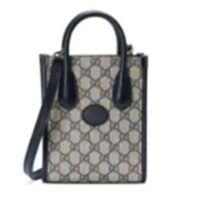 Gucci Unisex Mini Tote Bag Interlocking G Beige Blue GG Supreme Canvas (9)