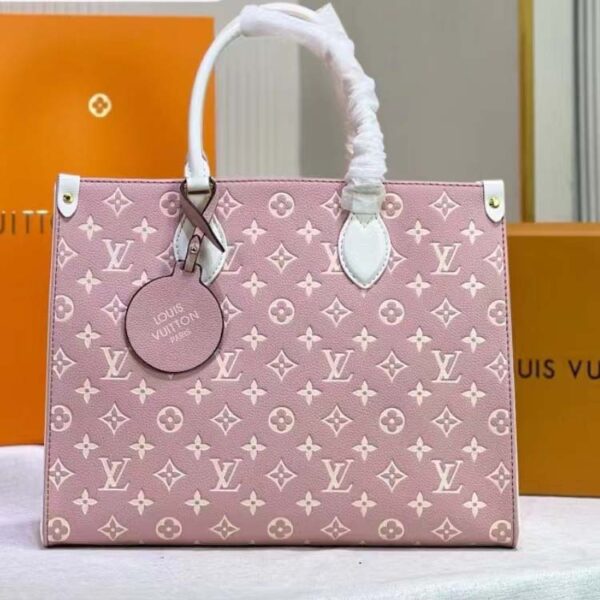 Louis Vuitton LV Women OnTheGo MM Tote Bag Pink Printed Embossed Grained Cowhide (4)