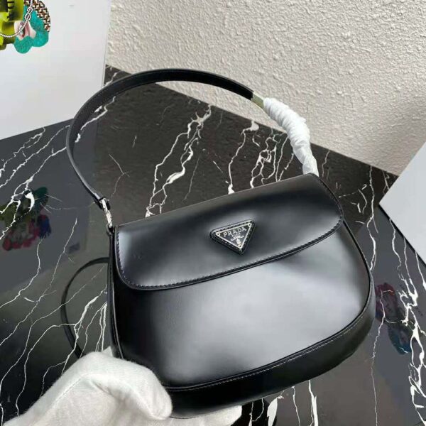 Prada Women Cleo Brushed Leather Dhoulder Bag with Flap-black (5)