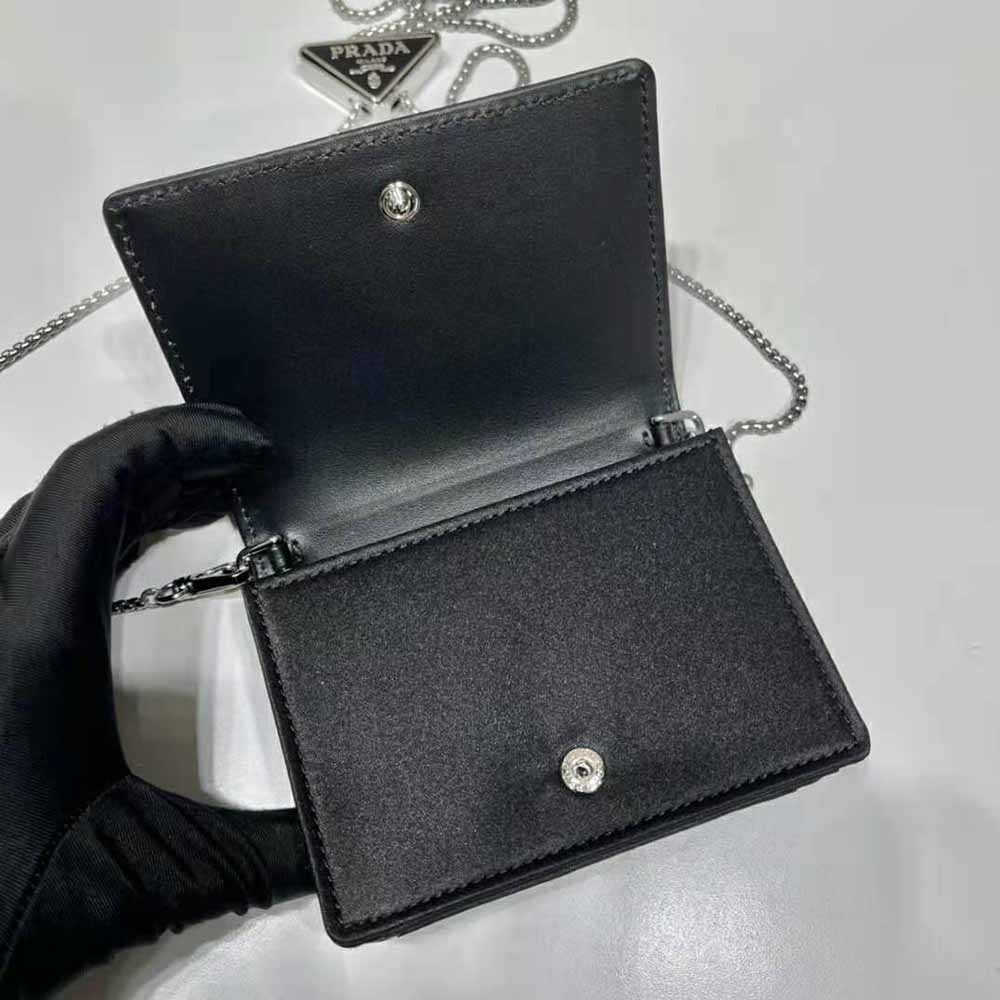 PRADA Flap Card Holder with Chain Satin with Crystals