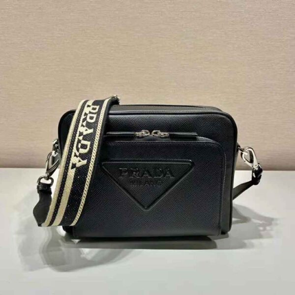 Prada Women Saffiano Leather Shoulder Bag With Iconic Prada Material-Black (2)