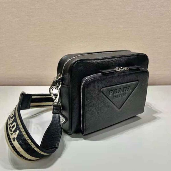 Prada Women Saffiano Leather Shoulder Bag With Iconic Prada Material-Black (3)