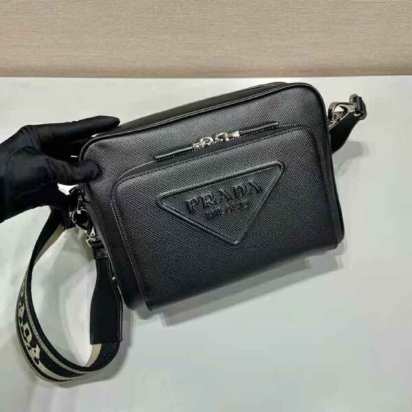 Prada Women Saffiano Leather Shoulder Bag With Iconic Prada Material-Black (4)