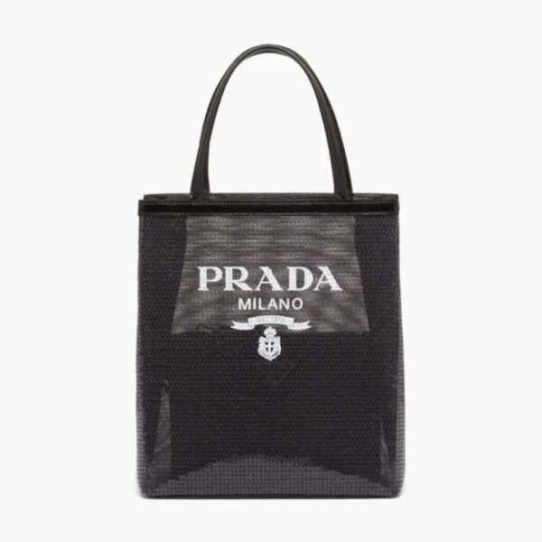 Prada Women Small Sequined Mesh Tote Bag-Black (1)