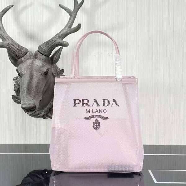 Prada Women Small Sequined Mesh Tote Bag-Pink (2)