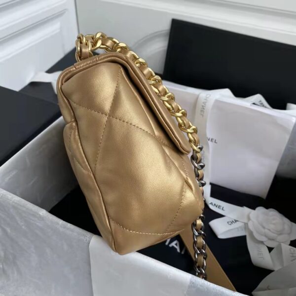 Chanel CC Women 19 Handbag Metallic Lambskin Gold Silver Tone Gold Bag (10)