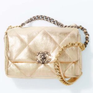 Chanel CC Women 19 Handbag Metallic Lambskin Gold Silver Tone Gold Bag