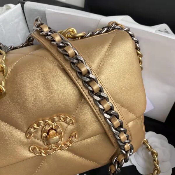 Chanel CC Women 19 Handbag Metallic Lambskin Gold Silver Tone Gold Bag (7)