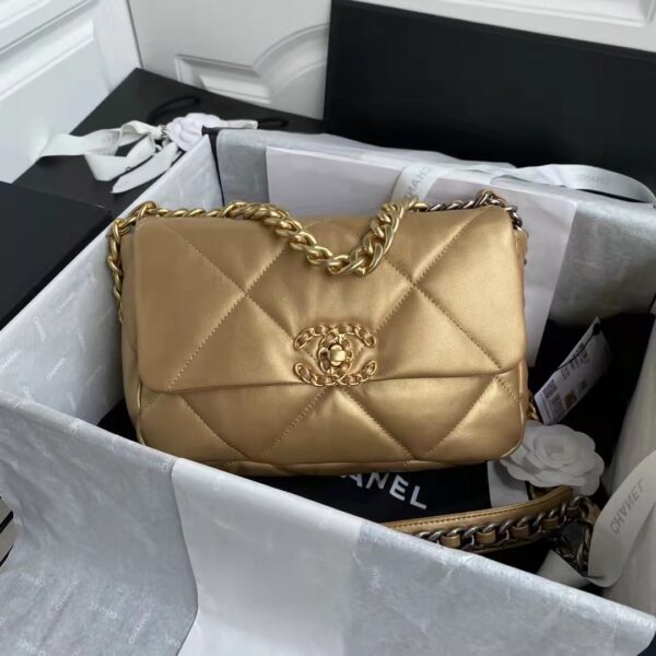 Chanel CC Women 19 Handbag Metallic Lambskin Gold Silver Tone Gold Bag (9)