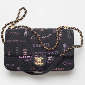 Chanel CC Women Large Flap Bag Printed Denim Gold-Tone Metal Black Multicolor
