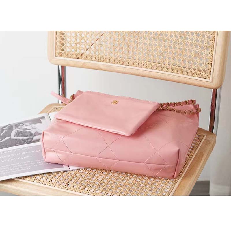 Small classic handbag, Grained shiny calfskin & gold-tone metal, coral pink  — Fashion