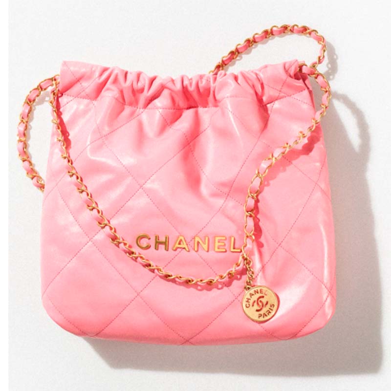 Small flap bag, Patent calfskin & gold-tone metal, coral pink — Fashion