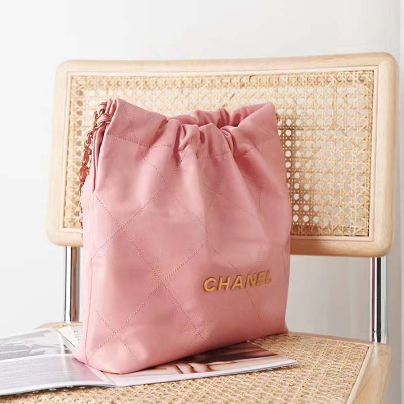 Chanel Women 22 Small Handbag Shiny Calfskin Gold-Tone Metal Coral