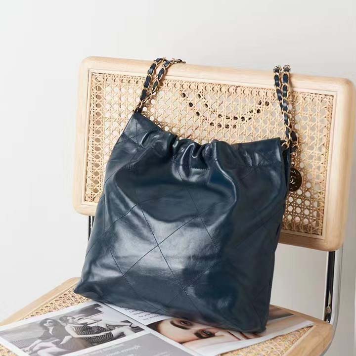 Large Hobo Bag, cotton canvas, calfskin & gold-tone metal, navy blue -  CHANEL