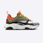 Dior Men B22 Sneaker Technisches Mesh in Orange und Weiß mit glattem Kalbsleder in Khaki und Schwarz