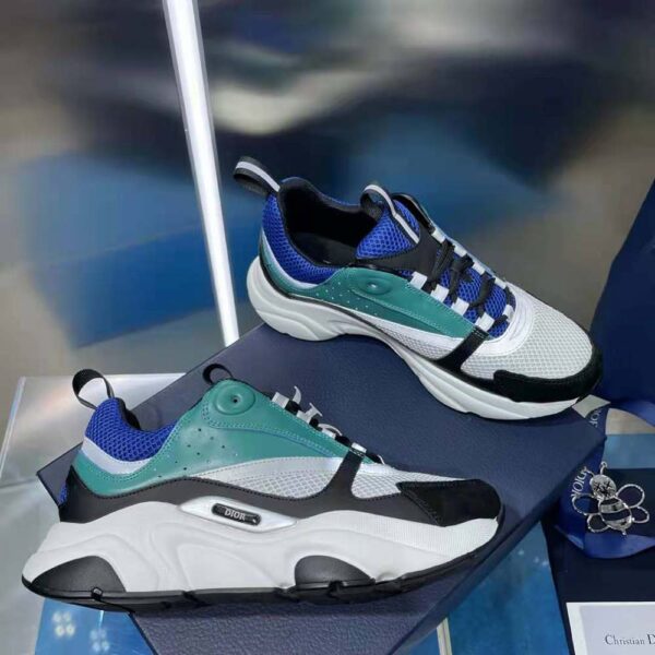 Dior Men B22 Sneaker White and Blue Technical Mesh with Deep Green and Black Smooth Calfskin (2)