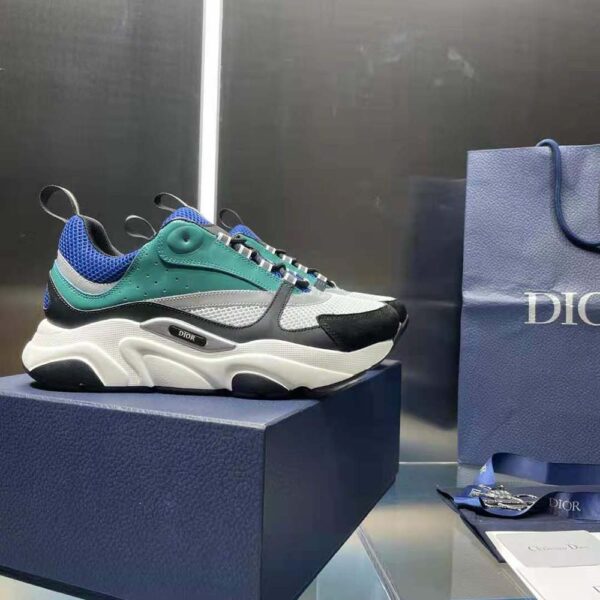 Dior Men B22 Sneaker White and Blue Technical Mesh with Deep Green and Black Smooth Calfskin (3)