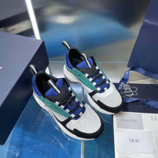 Dior Men B22 Sneaker White and Blue Technical Mesh with Deep Green and Black Smooth Calfskin (7)