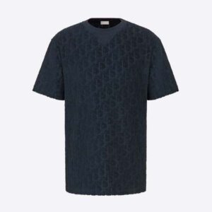 Dior Men Oblique T-shirt Relaxed Fit Navy Blue Terry Cotton Jacquard