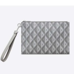 Dior Unisex A5 Pouch Gray CD Diamond Canvas Smooth Calfskin