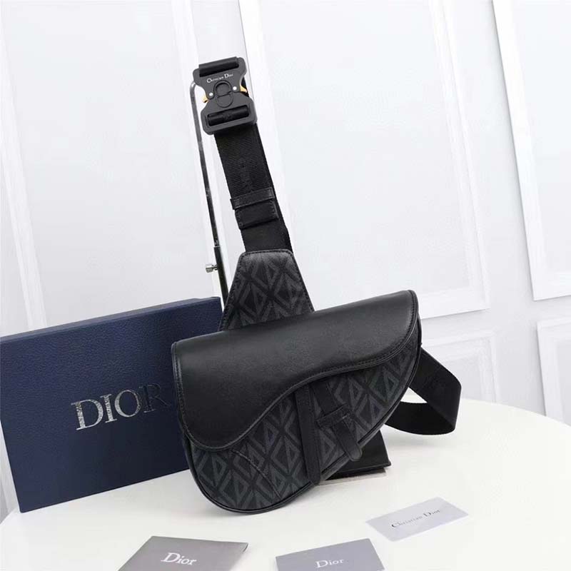 Saddle Bag Navy Blue CD Diamond Canvas and Smooth Calfskin