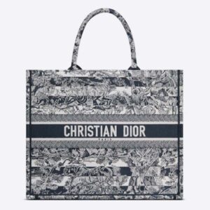 Dior Women CD Large Book Tote Navy Blue Toile De Jouy Stripes Embroidery