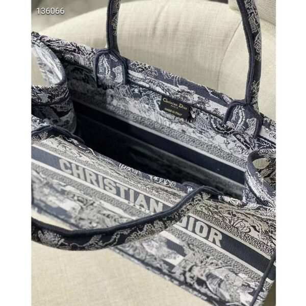 Dior Women CD Medium Book Tote Navy Blue Toile De Jouy Stripes Embroidery (1)