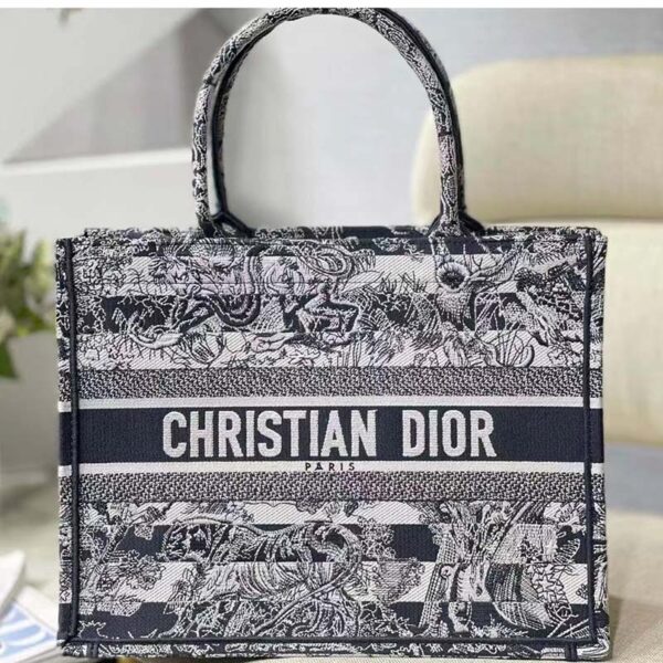 Dior Women CD Medium Book Tote Navy Blue Toile De Jouy Stripes Embroidery (6)