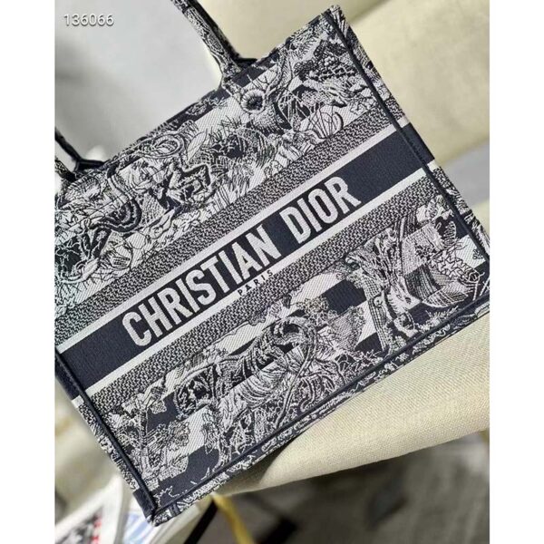 Dior Women CD Medium Book Tote Navy Blue Toile De Jouy Stripes Embroidery (8)
