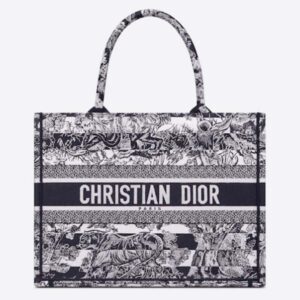 Dior Women CD Medium Book Tote Navy Blue Toile De Jouy Stripes Embroidery