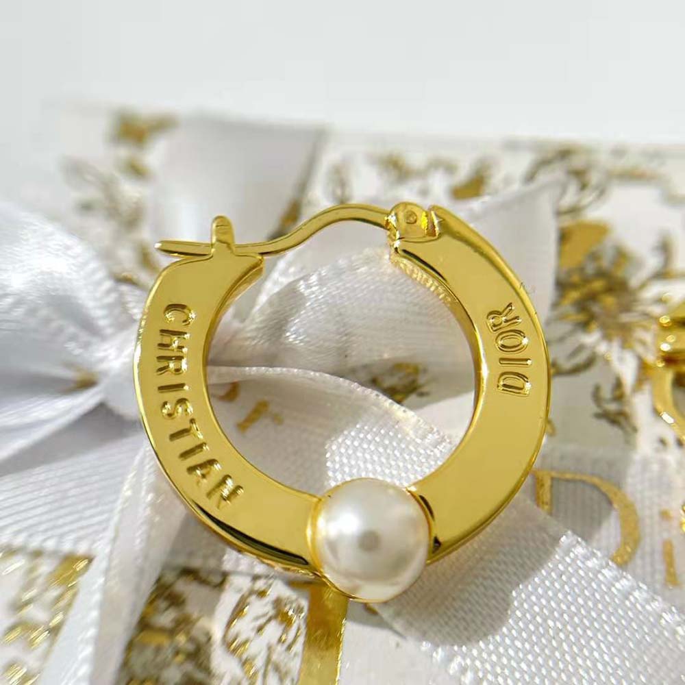 Dior Women CD Navy Earrings Gold-Finish Metal and White Resin Pearls