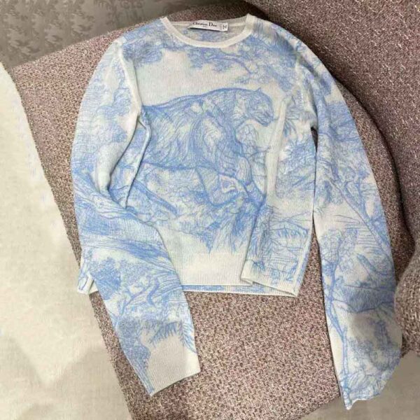 Dior Women Chez Moi Embroidered Sweater Cornflower Blue Technical Cashmere Knit (3)