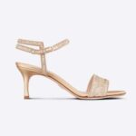 Dior Women Dway Heeled Sandal Gold-Tone Cotton Embroidered with Metallic Thread and Strass