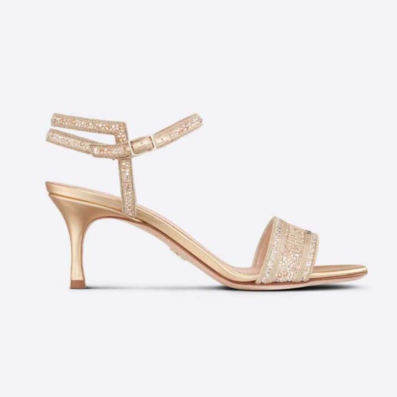 Sandalo con tacco Dior da donna Dway in cotone color oro ricamato con filo metallico e strass