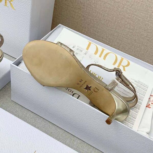 Dior Women Dway Heeled Sandal Gold-Tone Cotton Embroidered with Metallic Thread and Strass (10)
