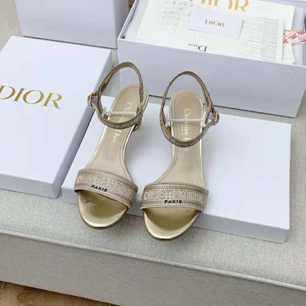Dior Women Dway Heeled Sandal Gold-Tone Cotton Embroidered with Metallic Thread and Strass (2)