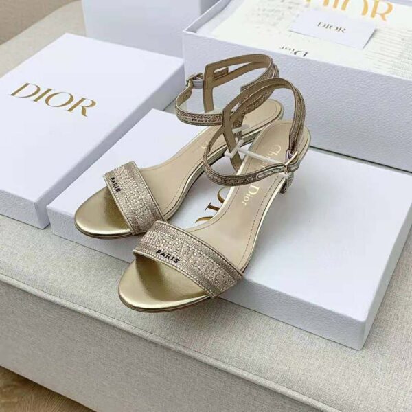 Dior Women Dway Heeled Sandal Gold-Tone Cotton Embroidered with Metallic Thread and Strass (3)