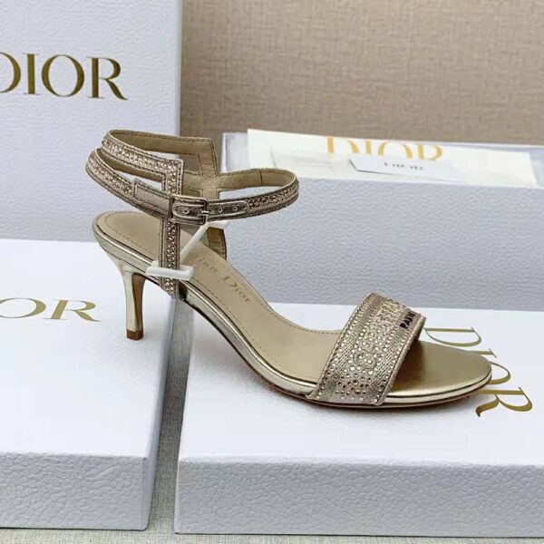 Dior Women Dway Heeled Sandal Gold-Tone Cotton Embroidered with Metallic Thread and Strass (7)